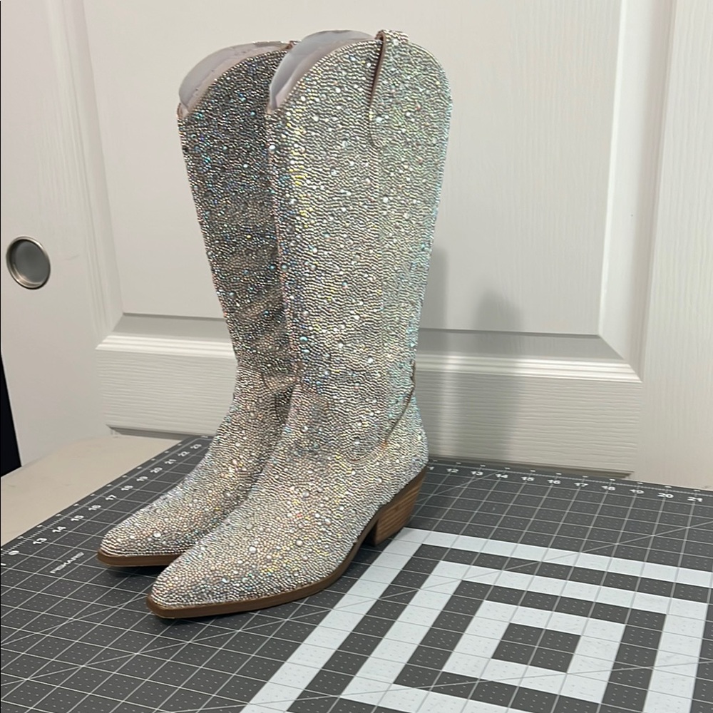 Betsey Johnson Silver Heeled Boots with Glitter Finish